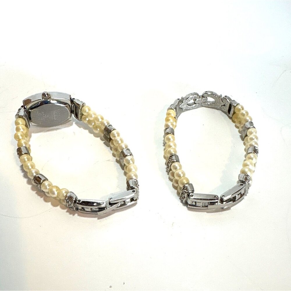 Vintage Ladies Pearl & Rhinestone Quartz Watch With Double Strand Bracelet - Picture 3 of 7